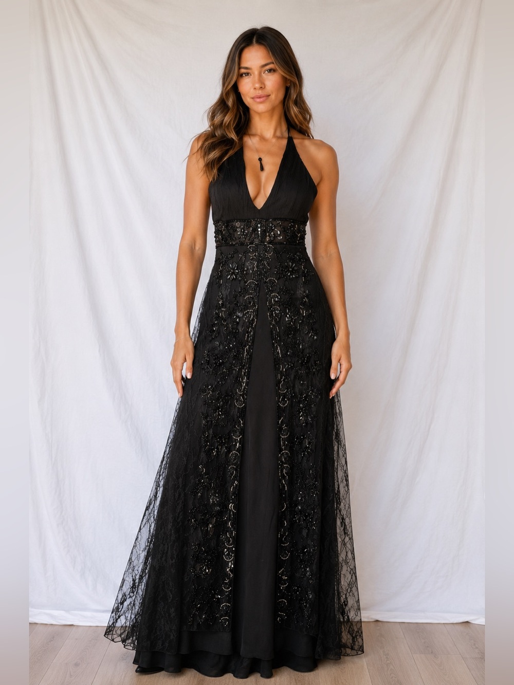 Sue Wong Nocturne BeadedBlack Halter Lace-Overlay Evening Dress Size 6